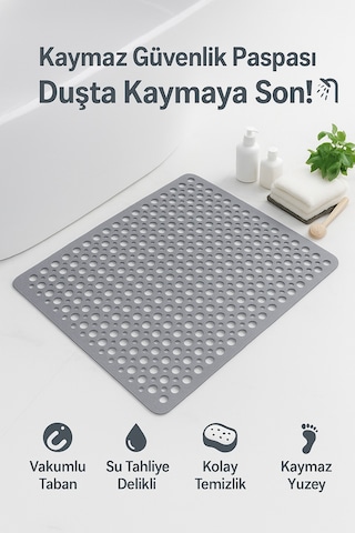 36x66 Cm Kaymaz Vantuzlu Duş Ve Banyo Zemin Matı Su Geçirmez, Güvenli Kaydırmaz Mat Antrasit