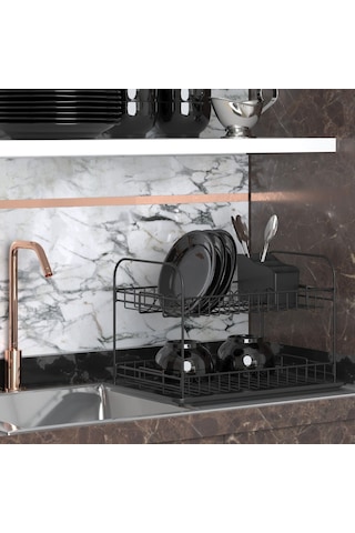Teknotel İki Katlı Tabaklık Bulaşıklık Mat Siyah Kb007