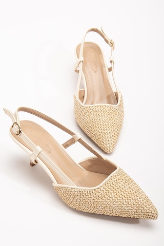 Kadın Kısa Topuklu Ayakkabı Bej Hasır Malzeme İnce Topuk Yan Direkli-3796 Bej