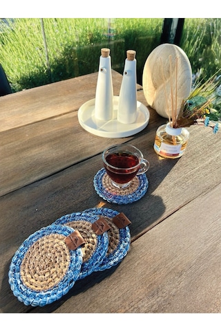 4 Adet Yuvarlak Bardak Altlığı- Leke Tutmaz- Naturel-mavi13x13 Cm Naturel