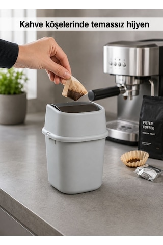 Gri Çöp Yut Tezgah Üstü Çöp Kovası 3 L - Inox Ve Gri Mutfak Uyumlu Mini Sallanır Kapak Çöp Kutusu