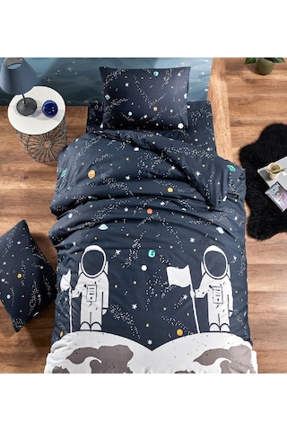 Çarşafı Lastikli Doğal Sağlıklı Pamuk Astronot Uzaylı Çocuk Nevresim Takımı Tek Kişilik, Lacive Lacivert