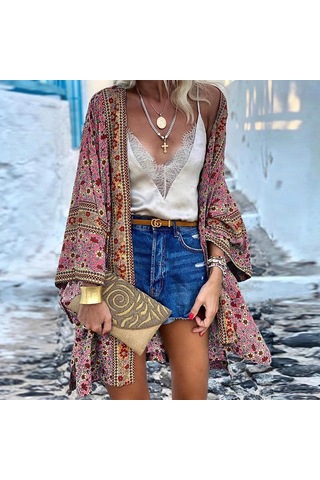 Kadın Günlük Önü Açık Hırka Tatil Plaj Bikini Cover Up Yaz Kimono Pembe