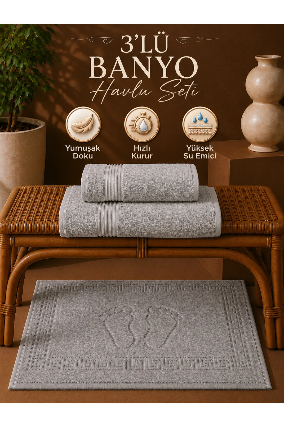 3 Lü Banyo Havlu Seti 70x140 50x90 50x70 Cm Yumuşak Dokulu Banyo El Yüz Ve Ayak Havlusu Takımı Açık Gri