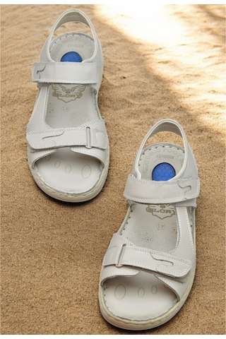 088 Topuk Jelli Tam Ortopedik Taban Hakiki Deri Erkek Sandalet Cırtlı Sandalet Bej