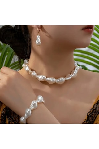 Şık Zarif Elegant Barok Inci Set Kolye Bileklik Küpe Beyaz