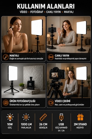 Profesyonel 26cm Led Işık 3 Renk Modlu 2 Metre Tripod Standlı Ayarlanabilir Masa Lambası Aydınlatma