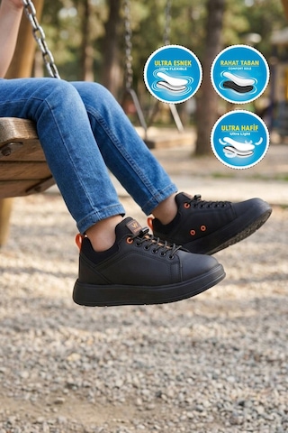 Walkway Siyah-turuncu Lastik Bağcıklı Comfort Rahat Tabanlı Erkek Çocuk Sneaker Balase F Siyah - Turuncu