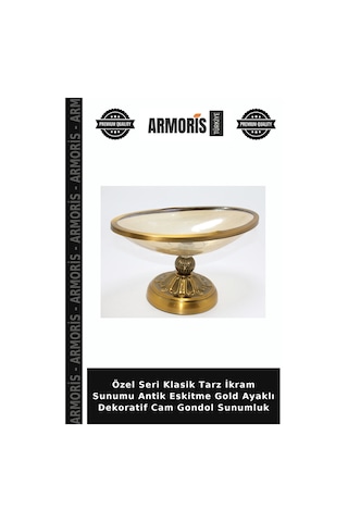 Özel Seri Klasik Tarz İkram Sunumu Antik Eskitme Gold Ayaklı Dekoratif Cam Gondol Sunumluk