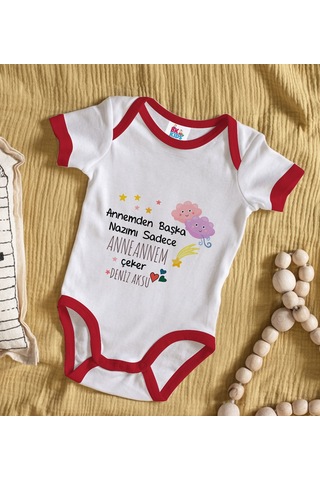 Bk Gift Bk Kids Kişiye Özel Anneannem Tasarımlı Kırmızı Bebek Body Zıbın-1 Çok Renkli