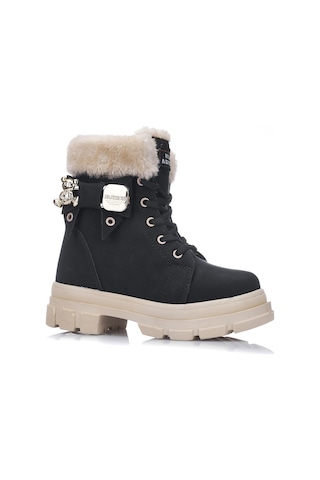 Günlük Çocuk Kışlık Spor Bot Kürklü Bağcıklı Fermuarlı Desenlı Taban Ayakkabı F200 Siyah