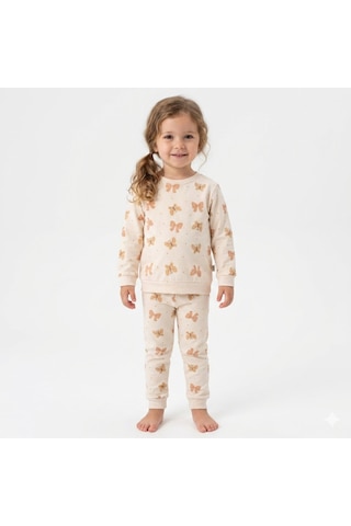 Kız Çocuk Kelebek Desenli %100 Pamuk İnterlok Kumaş Pijama Takımı 3-6 Yaş Krem