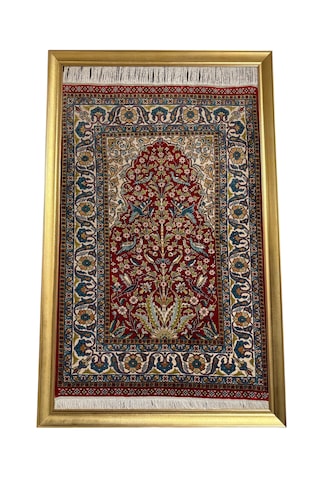 El Dokuma Saf İpek Halı Koleksiyonluk Tablo 75x110 Hayat Ağacı Modeli %100 Has İpek Kırmızı