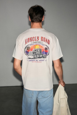 Grimelange Espada Erkek %100 Organik Pamuklu Yuvarlak Yakalı Baskı Detaylı Vanilya T-shirt Açık Krem