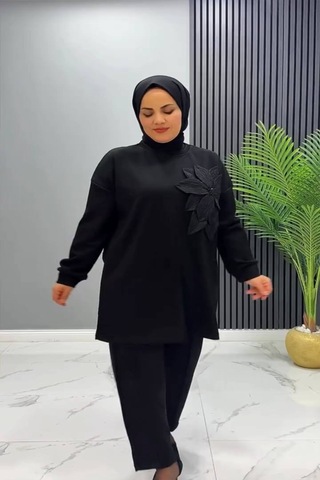 Vioshine Vıoshıne Kadın Çiçek Motifli Modal Kumaş İkili Takım Siyah