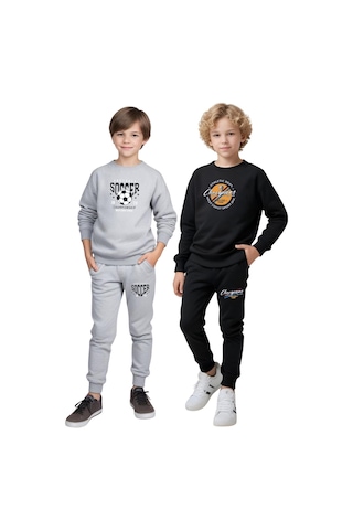 Fyk Kids 2'li Erkek Çocuk Yuvarlak Yaka Baskı Detaylı Eşofman Takımı Gri - Siyah