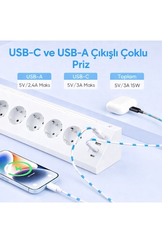Akım Korumalı 5 Li Köşe Çoklu Priz 2 Usb-a 2 Usb-c Gece Lambalı Dokunmatik 2 Metre Kablo 3680w 1 - 3 M