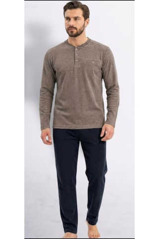 Erse %100 Pamuk Selanik Örme Uzun Kol Erkek Pijama Takımı Kışlık - 9042375795618 Kahverengi