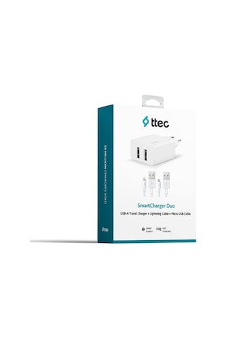 Ttec 2SCS21DB Ttec Smartcharger Duo 2.4A Seyahat Sarj Aleti Cift Usb+ Lightning ve Micro USB Kablo Beyaz