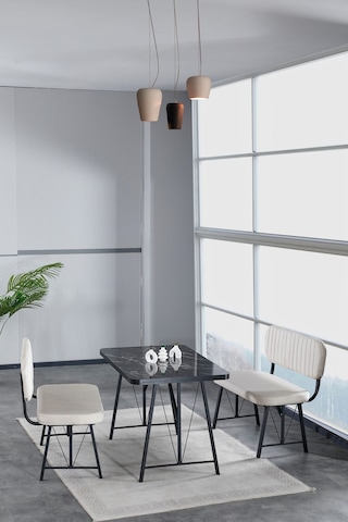 Hayat 70x110 Bendir Mutfak Masası, Mutfak Masası Takımı, Yemek Masası, 2 Benchli - Krem Krem
