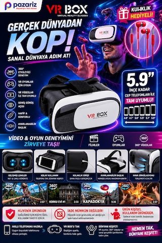 Sanal Gerçeklik Gözlüğü Set 360 Vr Evde Eğlence Paketi Kulalkık