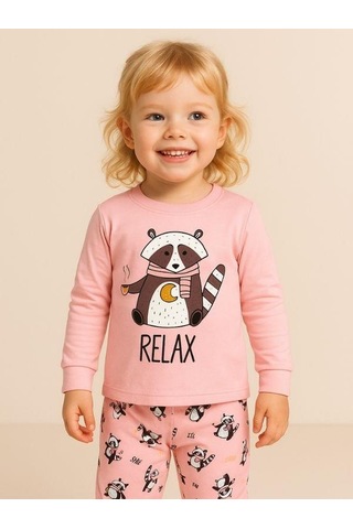 Kız Çocuk Pamuklu Hayvan Baskılı Pijama Takımı-16053 Pembe