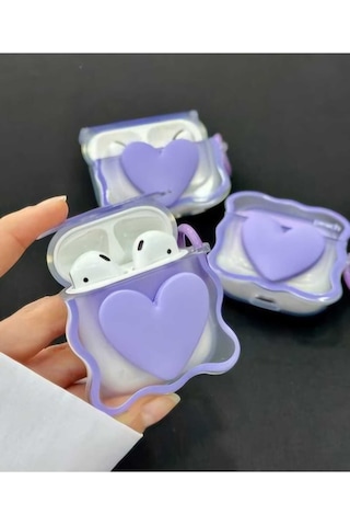 Apple Uyumlu iPhone Pro/pro2 Nesil Koruyucu Bluetooth Kulaklık Kılıfı Figürlü Kalp Mor Airpods Pro/pro2 Nesil