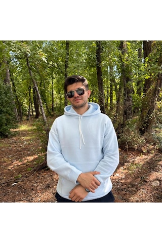 Erkek 3 İplik Basic Oversize Kanguru Cepli Kapüşonlu Sweatshirt Açık Mavi