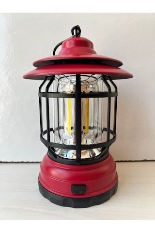 Borayris Pilli Kırmızı Retro Kamp Lambası Vintage Cob Led Askılı Çadır Feneri