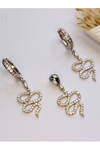 Gümüş Yılan Tasarım Kolye Ucu Küpe Kadın Set