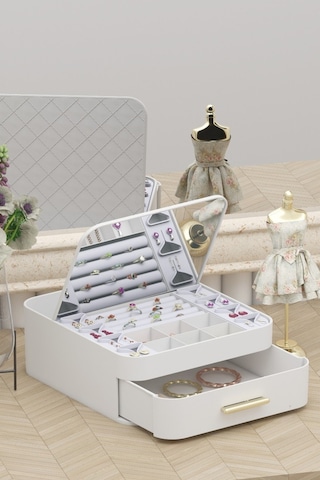Makri Home Şık Ve Fonksiyonel Aynalı Takı Organizeri, Çekmeceli, Otomatik Açılır Aynalı Tasarım 22x20x8 Cm Beyaz