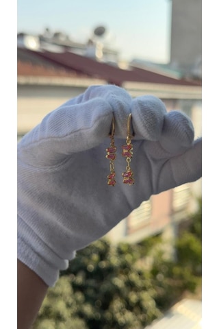Kadın Gold Renk Sallantılı Pembe Kelebek Model Küpe Gold