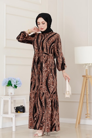 Sevitli Leopar Desenli Beli Tünelli Viscon Elbise-siyah-5086 Siyah