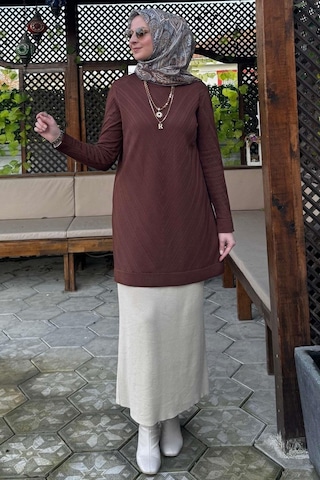 Rabia Şamlı Damla Triko Tunik Kahve Çok Renkli