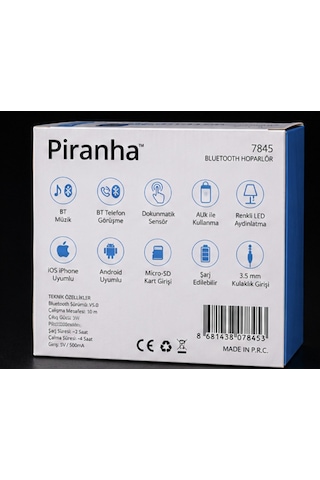 Piranha 7845 Bluetooth Hoparlör Renkli Led Işıklı Dokunmatik Kablosuz Speaker