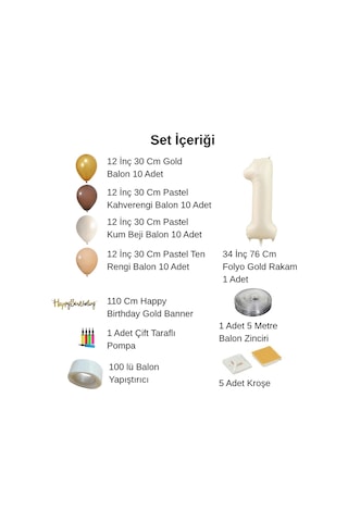 4 Yaş Pompa Hediyeli Doğum Günü Seti Banner Gold Kahverengi Kum Beji Ten Rengi Balonlar Krem Rakam Çok Renkli