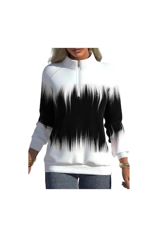 Sonbahar Ve Kış Kadın Ceket Kademeli Değişim Baskılı Yaka Fermuar Uzun Kollu Kış Tarzı Yarım Yüksek Yaka Hırka Ceket Kaban Siyah