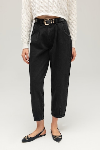 Sââde Kadın Yüksek Bel Relaxed Fit Mom Jean Pantolon - Pileli Siyah