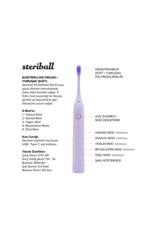 Steriball Elektrikli Diş Fırçası Lila - 5 Farklı Mod Değiştirilebilir Fırça Başlığı Type-c Şarj Şarjlı