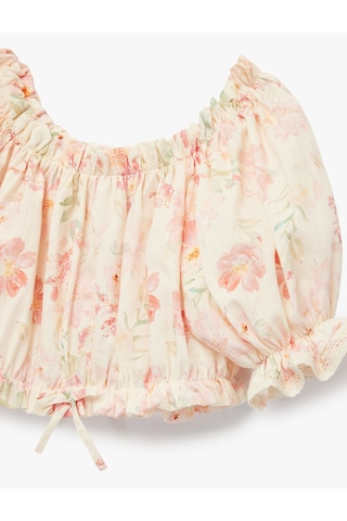 Koton Pamuklu Düşük Omuz Fırfır Detaylı Kısa Kollu Çiçekli Crop Bluz Pembe Desenli 6skg60002ew Pembe