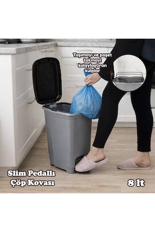 Porsima 086 Pedallı Metalize Banyo Mutfak Çöp Kovası Siyah Kapaklı Slim Pedallı Çöp Kovası 8 Litre Siyah