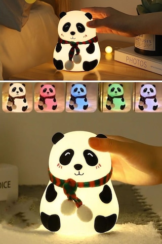 5 Farklı Renk Modlu Panda Figürlü Pofuduk Led Gece Lambası Yumuşak Dokulu Çocuk Odası Ve Dekoratif Şarjlı Ort 11