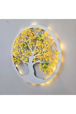 Led Işıklı Ve Sarı Sakura Hayat Ağacı Tablo 40cm - Beyaz