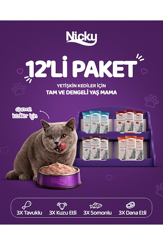 Nicky Yetişkin Kediler Için Et Püresi 85 Gr X 12 Adet