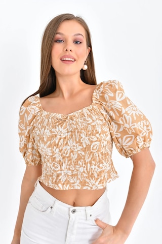 Kadın Çiçek Desenli Gipe Detay Balon Kol Crop Bluz CAMEL