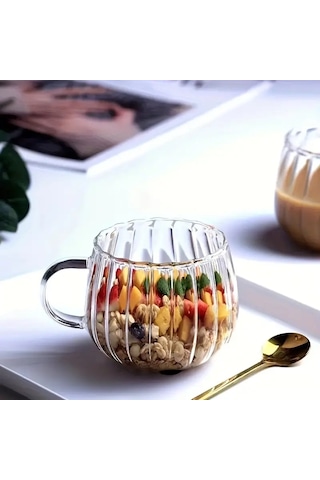 Mithra Life Ateşe Dayanıklı 400 Ml Çizgili Cam Kupa Bardak Mıt1099