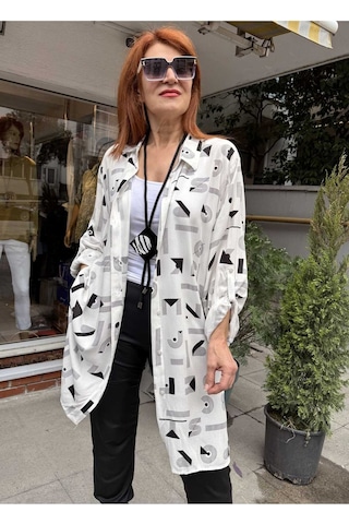 Denizege Viskon Tunik Geometrik Beyaz Beyaz
