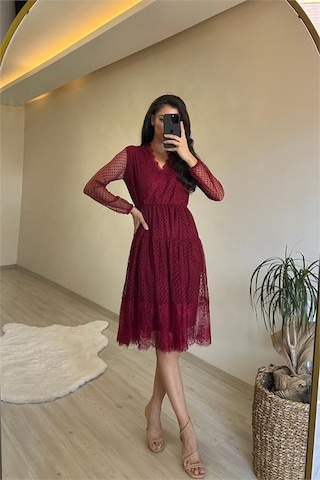 Neşeli Butik Kadın Kruvaze Yaka Dantelli Tül Elbise Nm010 Bordo
