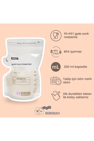 Bebebao Anne Sütü Saklama Poşeti 200 Ml 50'li