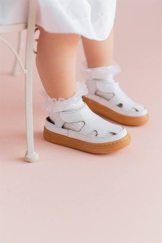 Hakiki Deri Çocuk Sandalet Krem D-466 Beyaz
